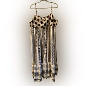 Pinky Black and Cream Crochet detail dress with boho print